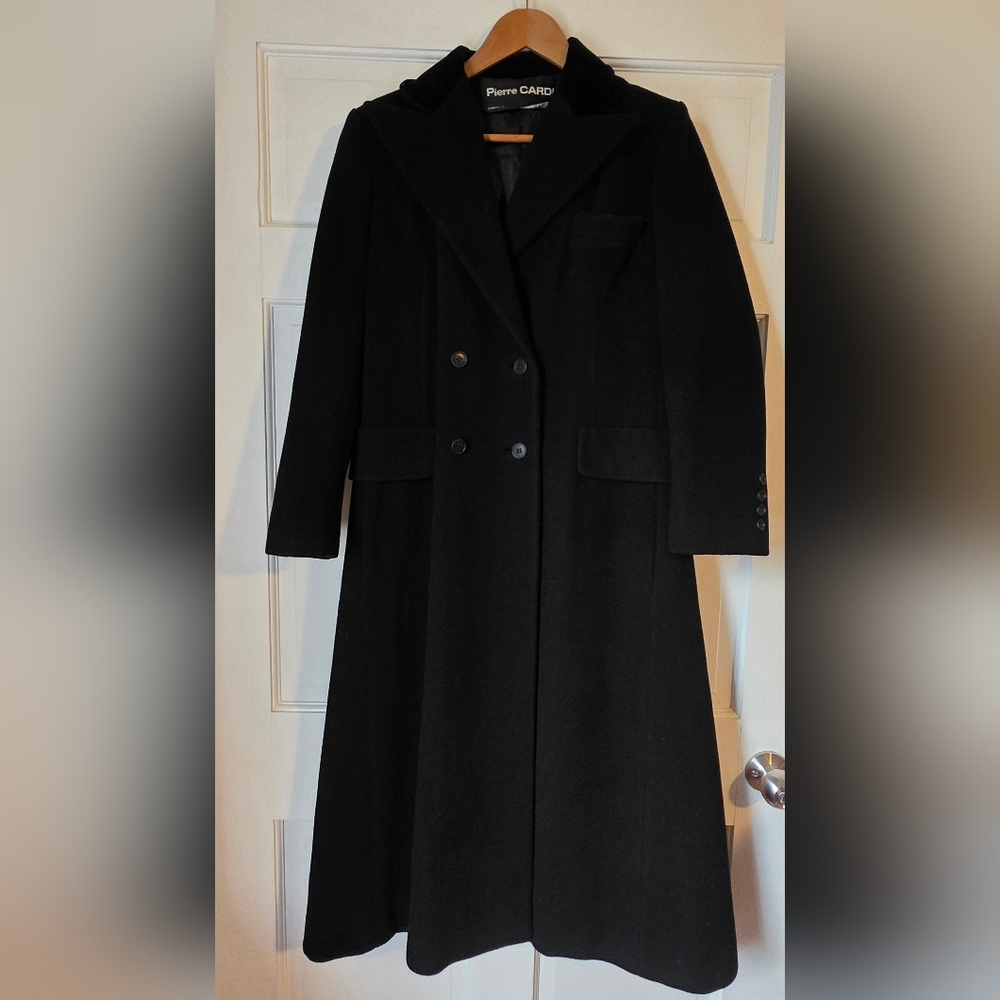 Pierre Cardin 70s Classic Double-breasted 100% Wool Long Coat Black